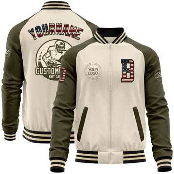 Custom Cream Vintage USA Flag Black-Olive Bomber Varsity Letterman Two Tone Zipper Jacket