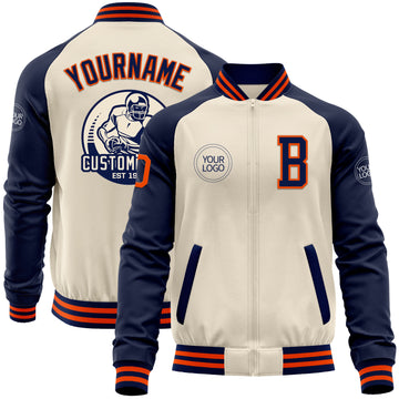 Custom Cream Orange-Navy Bomber Varsity Letterman Two Tone Zipper Jacket