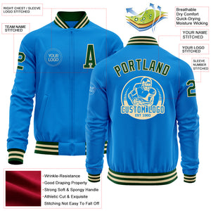 Custom Powder Blue Green-Cream Bomber Varsity Letterman Zipper Jacket