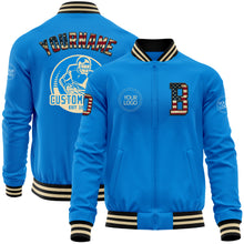 Charger l&#39;image dans la galerie, Custom Powder Blue Vintage USA Flag Black-Cream Bomber Varsity Letterman Zipper Jacket
