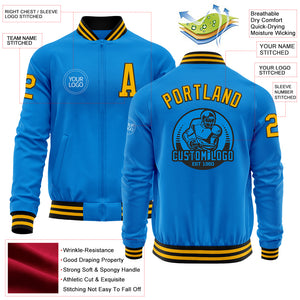 Custom Powder Blue Gold-Black Bomber Varsity Letterman Zipper Jacket