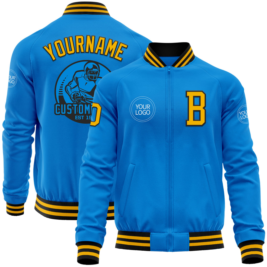 Custom Powder Blue Gold-Black Bomber Varsity Letterman Zipper Jacket