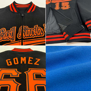 Custom Powder Blue Orange-Black Bomber Varsity Letterman Zipper Jacket