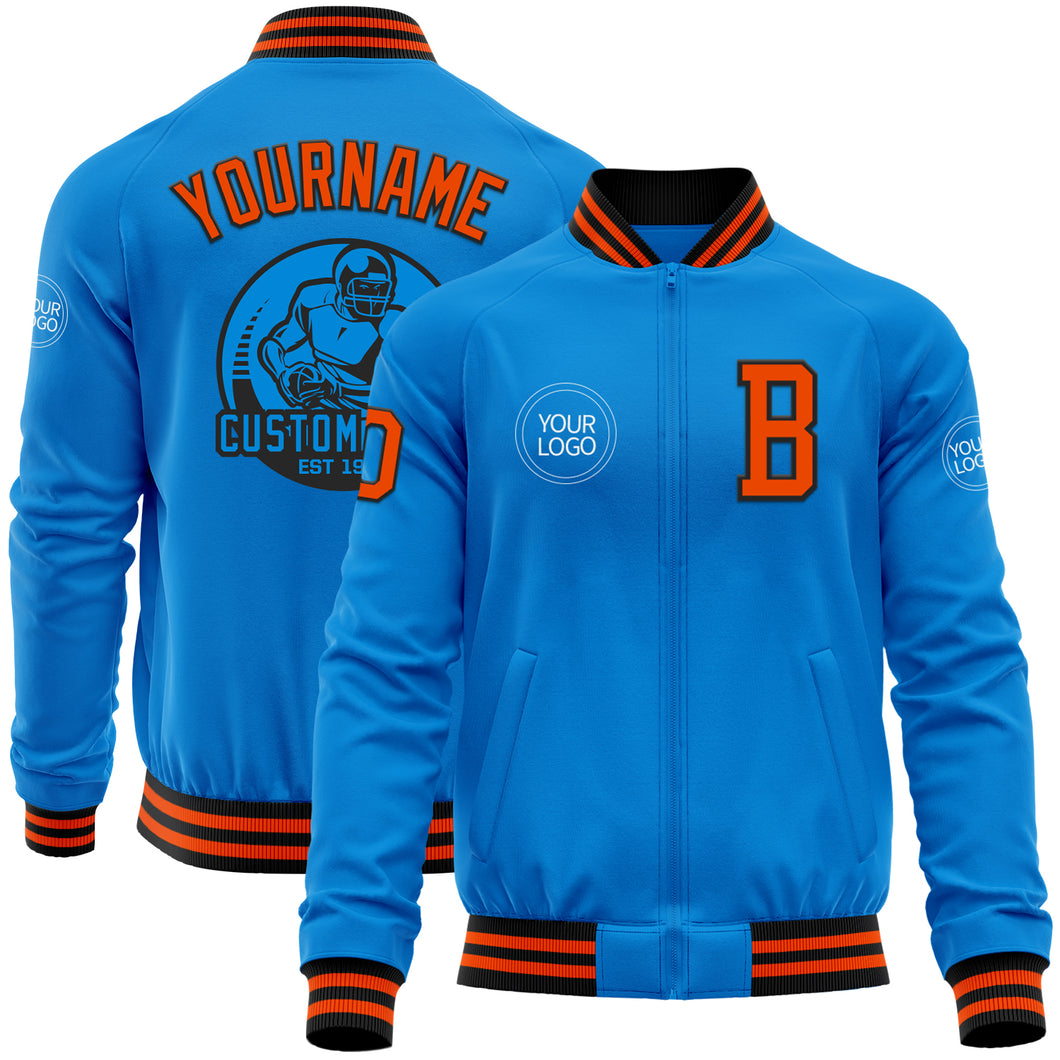 Custom Powder Blue Orange-Black Bomber Varsity Letterman Zipper Jacket