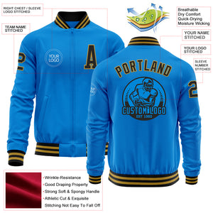 Custom Powder Blue Black-Old Gold Bomber Varsity Letterman Zipper Jacket