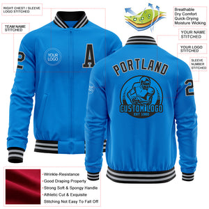 Custom Powder Blue Black-Gray Bomber Varsity Letterman Zipper Jacket