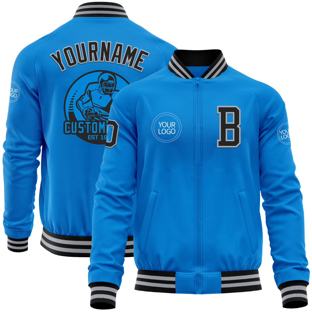 Custom Powder Blue Black-Gray Bomber Varsity Letterman Zipper Jacket