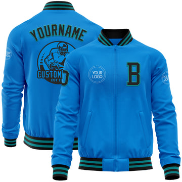 Custom Powder Blue Black-Teal Bomber Varsity Letterman Zipper Jacket