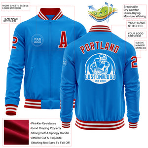 Custom Powder Blue Red-White Bomber Varsity Letterman Zipper Jacket