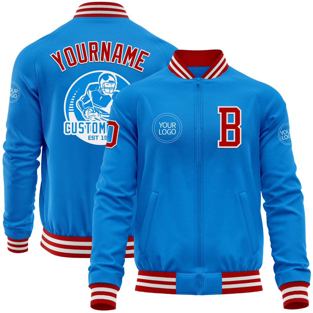 Custom Powder Blue Red-White Bomber Varsity Letterman Zipper Jacket