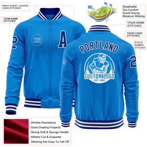 Custom Powder Blue Royal-White Bomber Varsity Letterman Zipper Jacket