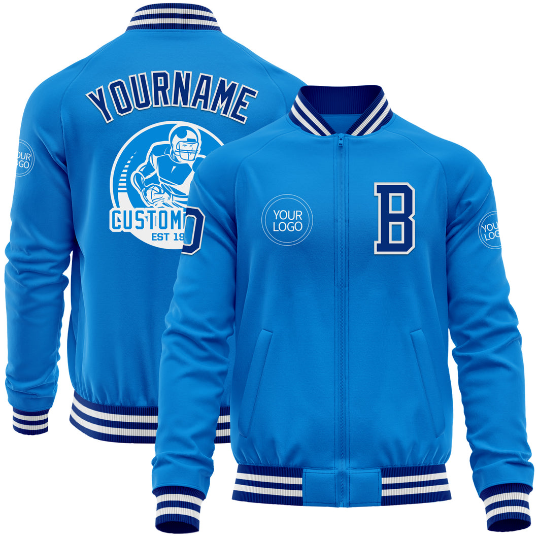 Custom Powder Blue Royal-White Bomber Varsity Letterman Zipper Jacket