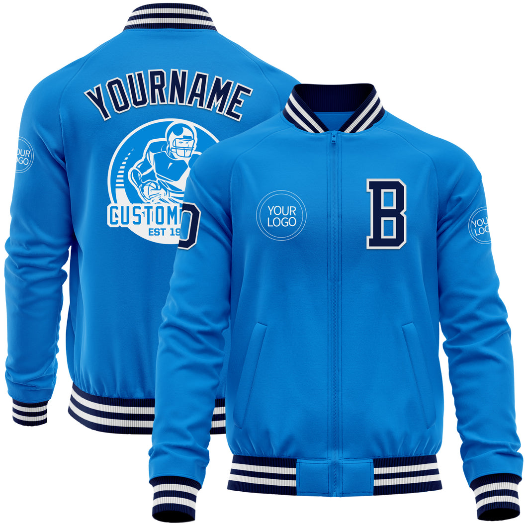 Custom Powder Blue Navy-White Bomber Varsity Letterman Zipper Jacket