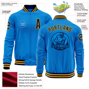 Custom Powder Blue Navy-Gold Bomber Varsity Letterman Zipper Jacket