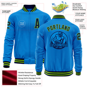 Custom Powder Blue Navy-Neon Green Bomber Varsity Letterman Zipper Jacket