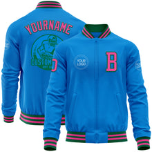 Laden Sie das Bild in den Galerie-Viewer, Custom Powder Blue Pink-Kelly Green Bomber Varsity Letterman Zipper Jacket
