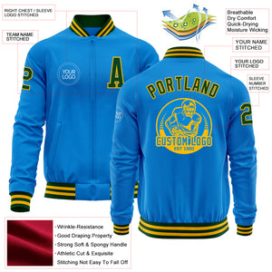 Custom Powder Blue Green-Gold Bomber Varsity Letterman Zipper Jacket