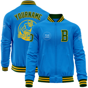 Custom Powder Blue Green-Gold Bomber Varsity Letterman Zipper Jacket