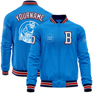 Custom Powder Blue Navy-Red Bomber Varsity Letterman Zipper Jacket