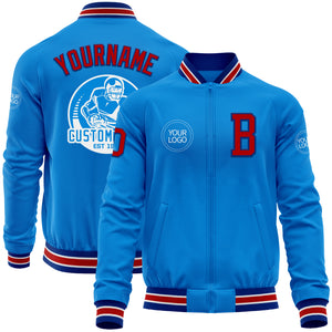 Custom Powder Blue Red-Royal Bomber Varsity Letterman Zipper Jacket