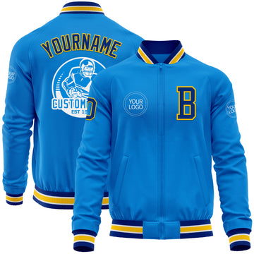 Custom Powder Blue Royal-Yellow Bomber Varsity Letterman Zipper Jacket