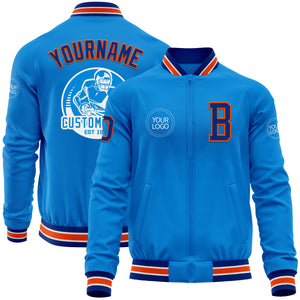 Custom Powder Blue Royal-Orange Bomber Varsity Letterman Zipper Jacket