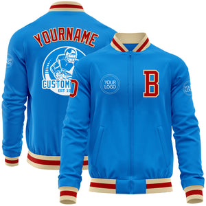 Custom Powder Blue Red-Cream Bomber Varsity Letterman Zipper Jacket