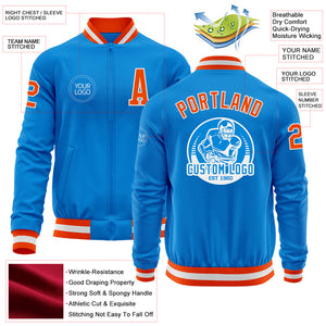 Custom Powder Blue Orange-White Bomber Varsity Letterman Zipper Jacket