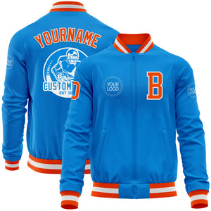 Custom Powder Blue Orange-White Bomber Varsity Letterman Zipper Jacket