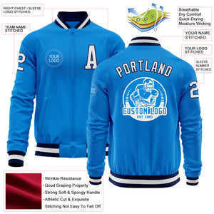 Custom Powder Blue White-Navy Bomber Varsity Letterman Zipper Jacket