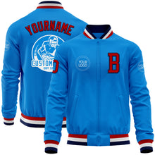 Load image into Gallery viewer, Custom Powder Blue Red-Navy Bomber Varsity Letterman Zipper Jacket
