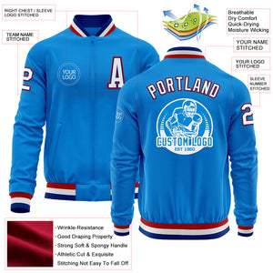 Custom Powder Blue Royal-Red Bomber Varsity Letterman Zipper Jacket