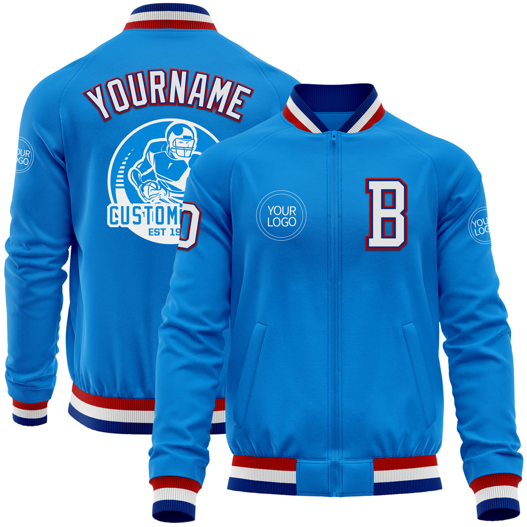 Custom Powder Blue Royal-Red Bomber Varsity Letterman Zipper Jacket