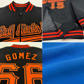 Custom Powder Blue Orange-Royal Bomber Varsity Letterman Zipper Jacket