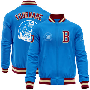 Custom Powder Blue Maroon-Cream Bomber Varsity Letterman Zipper Jacket