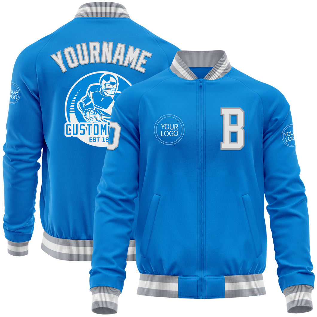 Custom Powder Blue White-Gray Bomber Varsity Letterman Zipper Jacket