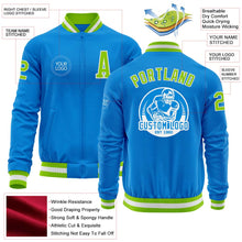 Load image into Gallery viewer, Custom Powder Blue Neon Green-White Bomber Varsity Letterman Zipper Jacket
