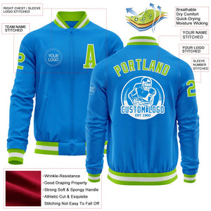 Custom Powder Blue Neon Green-White Bomber Varsity Letterman Zipper Jacket