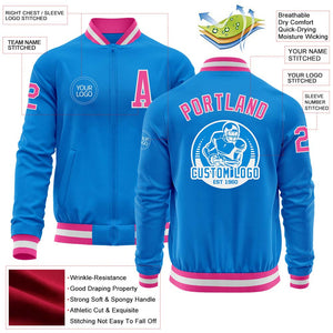 Custom Powder Blue Pink-White Bomber Varsity Letterman Zipper Jacket