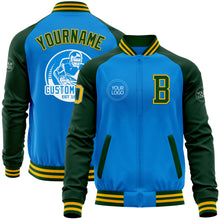 Load image into Gallery viewer, Custom Powder Blue Gold-Green Bomber Varsity Letterman Two Tone Zipper Jacket
