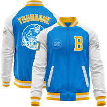 Load image into Gallery viewer, Custom Powder Blue Gold-White Bomber Varsity Letterman Two Tone Zipper Jacket
