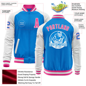 Custom Powder Blue Pink-White Bomber Varsity Letterman Two Tone Zipper Jacket