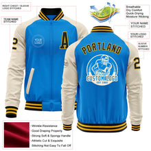 Charger l&#39;image dans la galerie, Custom Powder Blue Black Gold-Cream Bomber Varsity Letterman Two Tone Zipper Jacket
