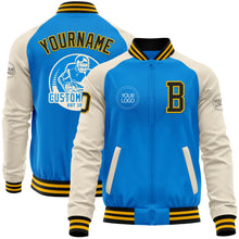 Charger l&#39;image dans la galerie, Custom Powder Blue Black Gold-Cream Bomber Varsity Letterman Two Tone Zipper Jacket
