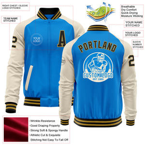 Custom Powder Blue Black Old Gold-Cream Bomber Varsity Letterman Two Tone Zipper Jacket