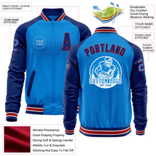 Laden Sie das Bild in den Galerie-Viewer, Custom Powder Blue Red-Royal Bomber Varsity Letterman Two Tone Zipper Jacket
