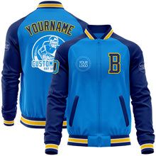 Load image into Gallery viewer, Custom Powder Blue Yellow-Royal Bomber Varsity Letterman Two Tone Zipper Jacket
