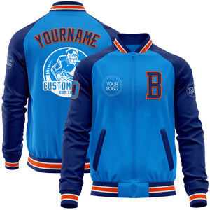 Custom Powder Blue Orange-Royal Bomber Varsity Letterman Two Tone Zipper Jacket