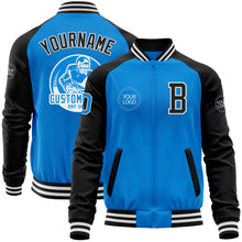 Laden Sie das Bild in den Galerie-Viewer, Custom Powder Blue White-Black Bomber Varsity Letterman Two Tone Zipper Jacket
