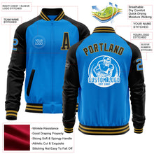 Laden Sie das Bild in den Galerie-Viewer, Custom Powder Blue Old Gold-Black Bomber Varsity Letterman Two Tone Zipper Jacket
